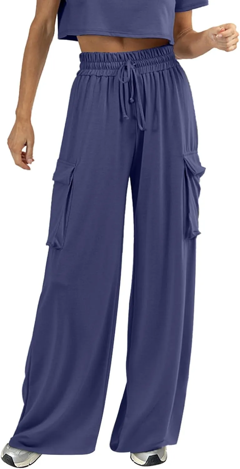 Womens Wide Leg Cargo Pants Flowy Casual Palazzo Pleated Trouser Woman Elastic High Waisted Loose Fit Lounge Pant 2025