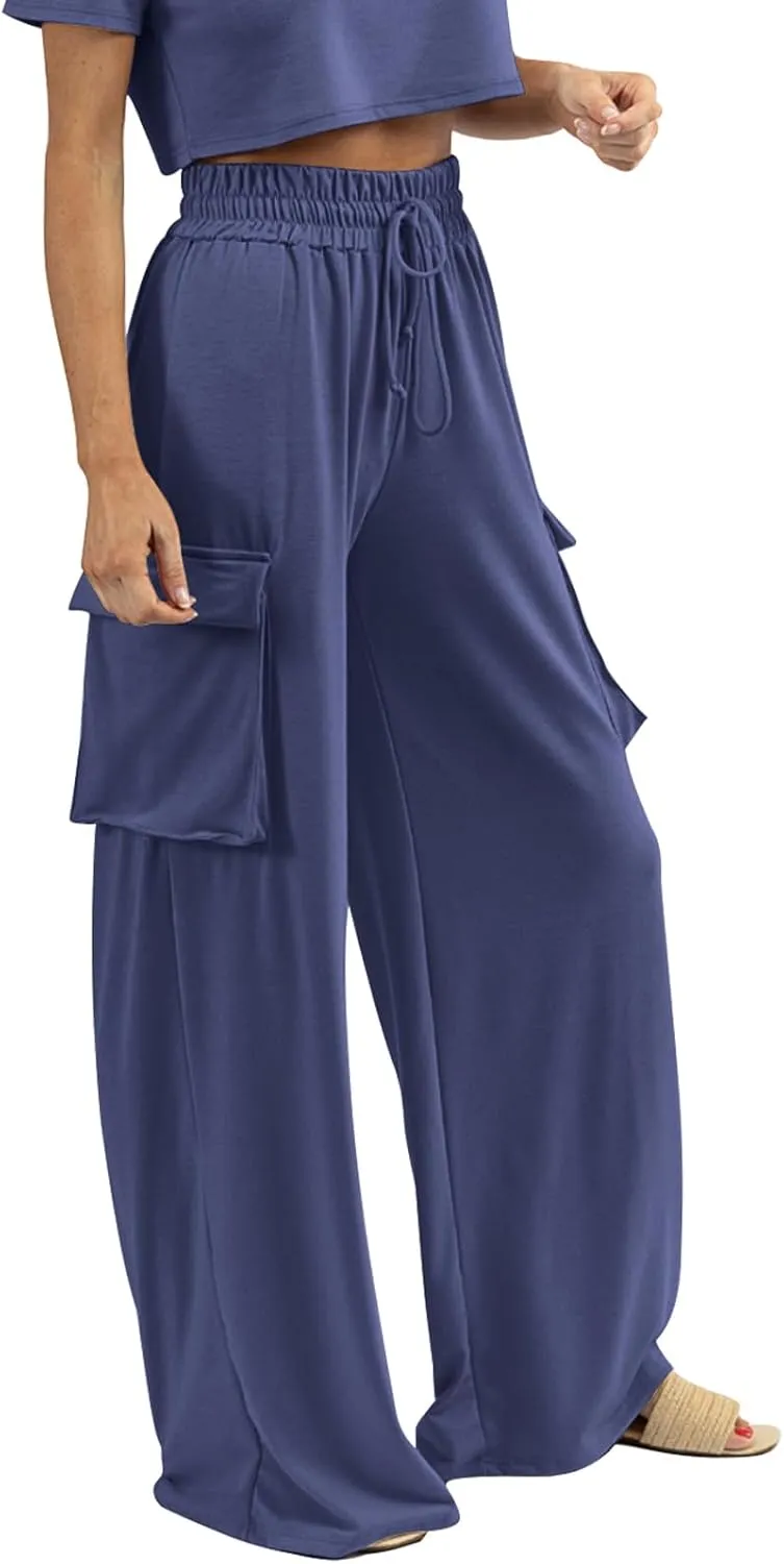 Womens Wide Leg Cargo Pants Flowy Casual Palazzo Pleated Trouser Woman Elastic High Waisted Loose Fit Lounge Pant 2025