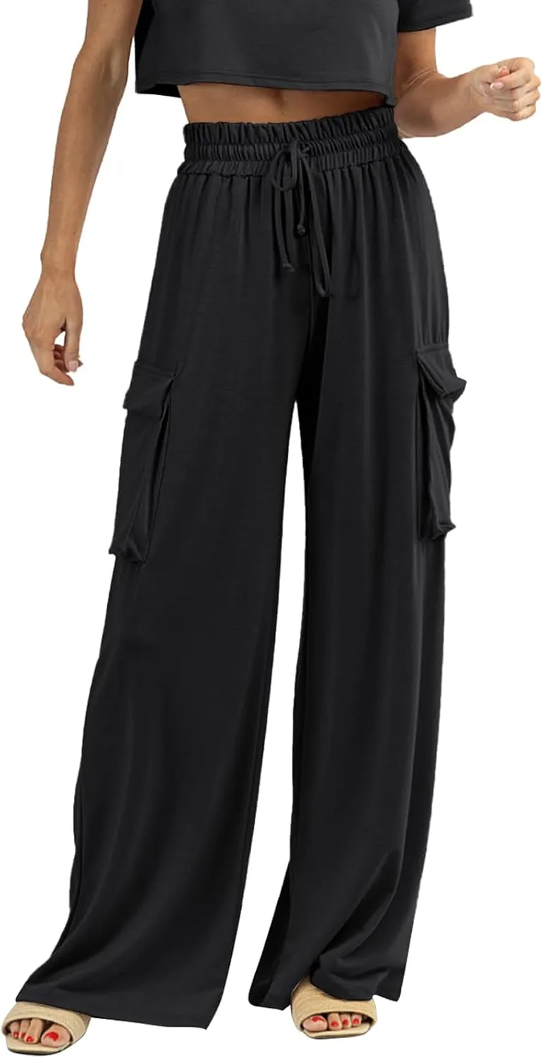 Womens Wide Leg Cargo Pants Flowy Casual Palazzo Pleated Trouser Woman Elastic High Waisted Loose Fit Lounge Pant 2025