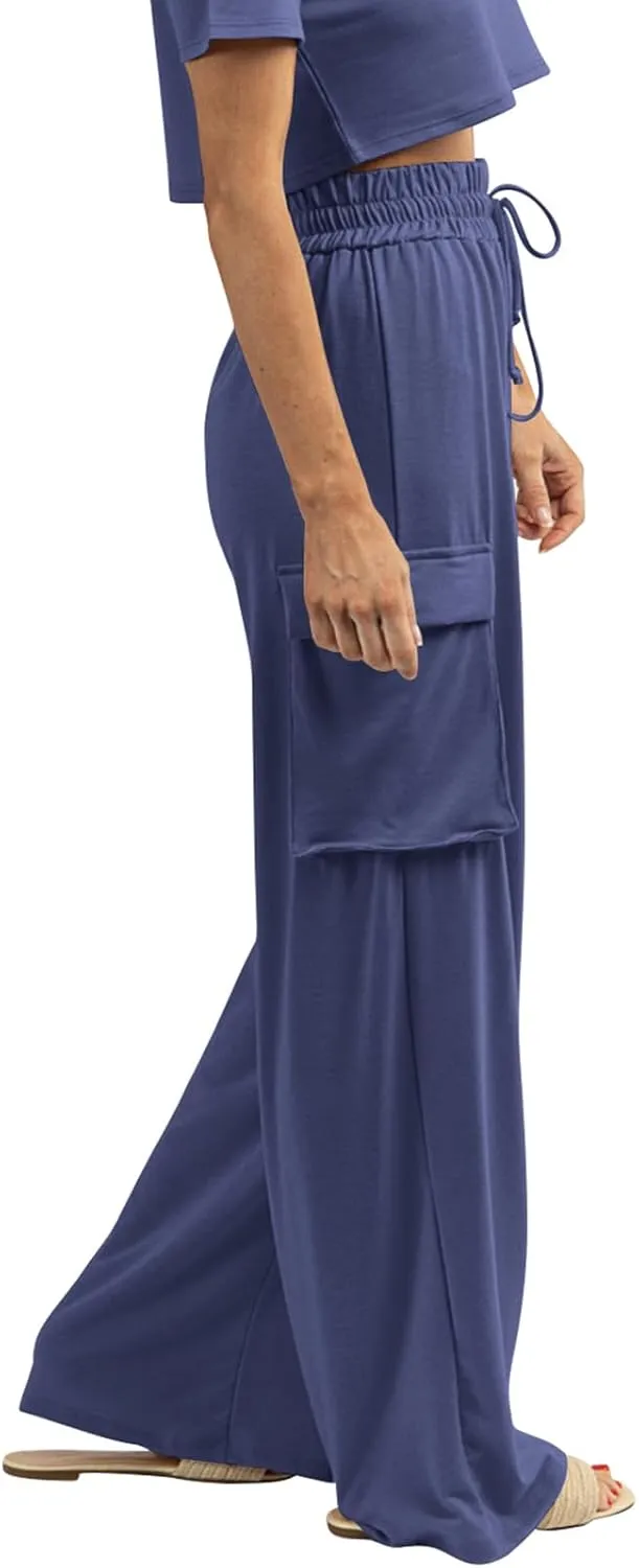 Womens Wide Leg Cargo Pants Flowy Casual Palazzo Pleated Trouser Woman Elastic High Waisted Loose Fit Lounge Pant 2025