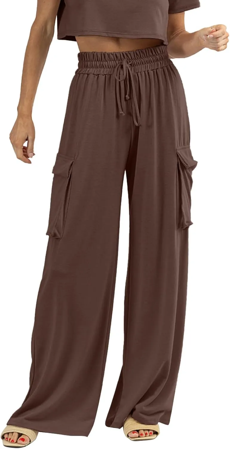 Womens Wide Leg Cargo Pants Flowy Casual Palazzo Pleated Trouser Woman Elastic High Waisted Loose Fit Lounge Pant 2025