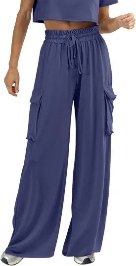 Womens Wide Leg Cargo Pants Flowy Casual Palazzo Pleated Trouser Woman Elastic High Waisted Loose Fit Lounge Pant 2025