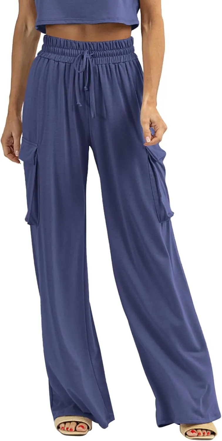 Womens Wide Leg Cargo Pants Flowy Casual Palazzo Pleated Trouser Woman Elastic High Waisted Loose Fit Lounge Pant 2025