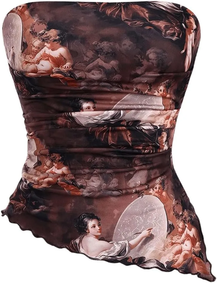 Women's Y2K Vintage Graphic Renaissance Tube Top Sleeveless Ruched Split Crop Strapless Tops