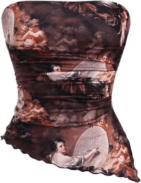 Women's Y2K Vintage Graphic Renaissance Tube Top Sleeveless Ruched Split Crop Strapless Tops