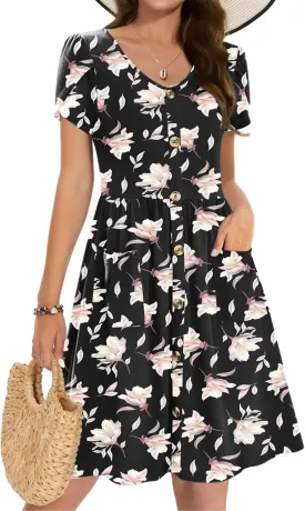 Zeagoo Womens Summer Dress Mini Petal Short Sleeve Dresses Pleated Button Down V Neck Floral Beach Swing Vacation Dress 2025